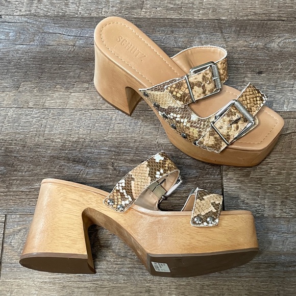 NWT SCHUTZ Kayleigh Snake-Embossed Leather Wooden Block Heels Sandals Mules - Picture 1 of 8
